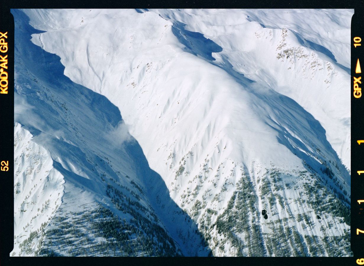 Die Lawinen im Trüzital sind sehr grossflächig an der Schattenseite angebrochen, aber auch an der Sonnenseite sind Anrisslinien von Lawinen vorhanden. Ganz links oben ist eine Wasserrinne sichtbar, welche sich gebildet hat, als Lawinenschnee in den Trützisee gestürzt ist und diesen zum Überschwappen gebracht hat. Das Wasser-Schnee-Gemisch ist der Staublawine bis auf den Schuttfächer im Talboden gefolgt und hat die Schneedecke im Talboden des Trützitals grossflächig durchnässt. Dieser nasse Schnee konnte von später abgegangenen Lawinen leicht mitgerissen werden und hat dazu beigetragen, dass diese Lawinen so mächtig wurden. Aufnahmerichtung: SSE, 25. 02. 1999, 15:30; Titel der Aufnahme: TRÜTZI/GESCHINERBACH; Goms, Wallis Kameramodell: Expression 12000XL
